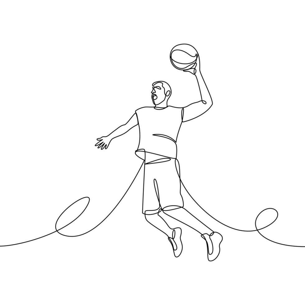 Continuous line drawing of a basketball player jumping with the ball in his hand. Vector linear illustration, contour