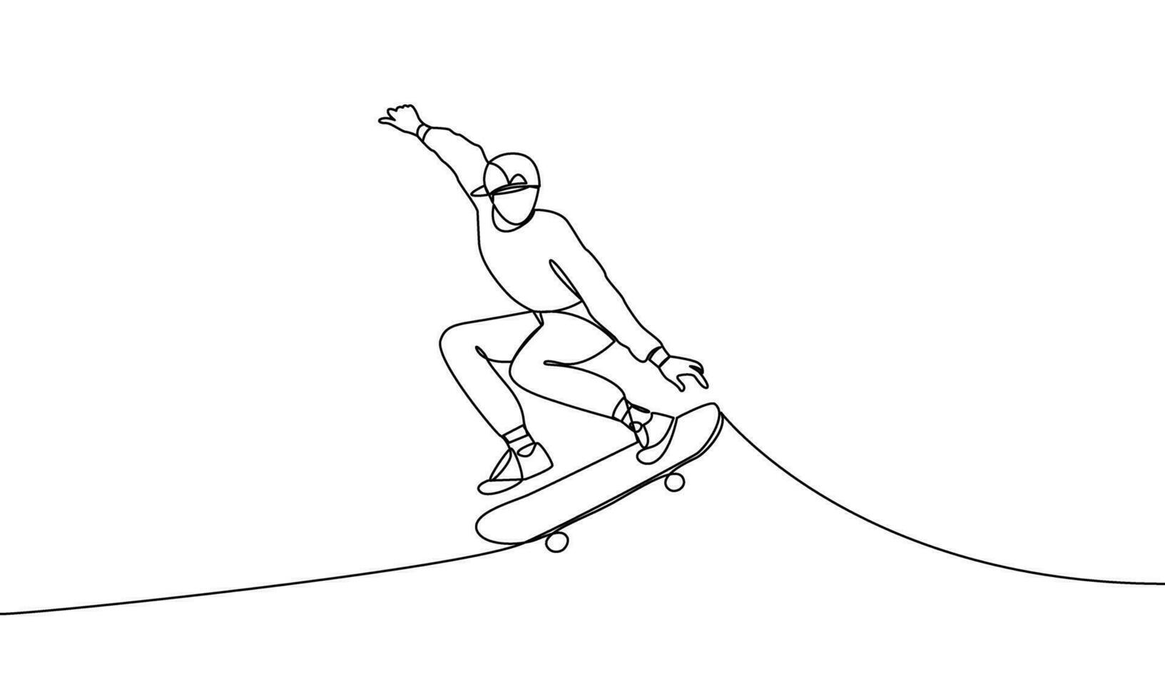 soltero continuo línea dibujo de un joven hombre haciendo un patineta saltar truco. Deportes, andar en patineta extremo deporte, estilo libre uno línea vector ilustración
