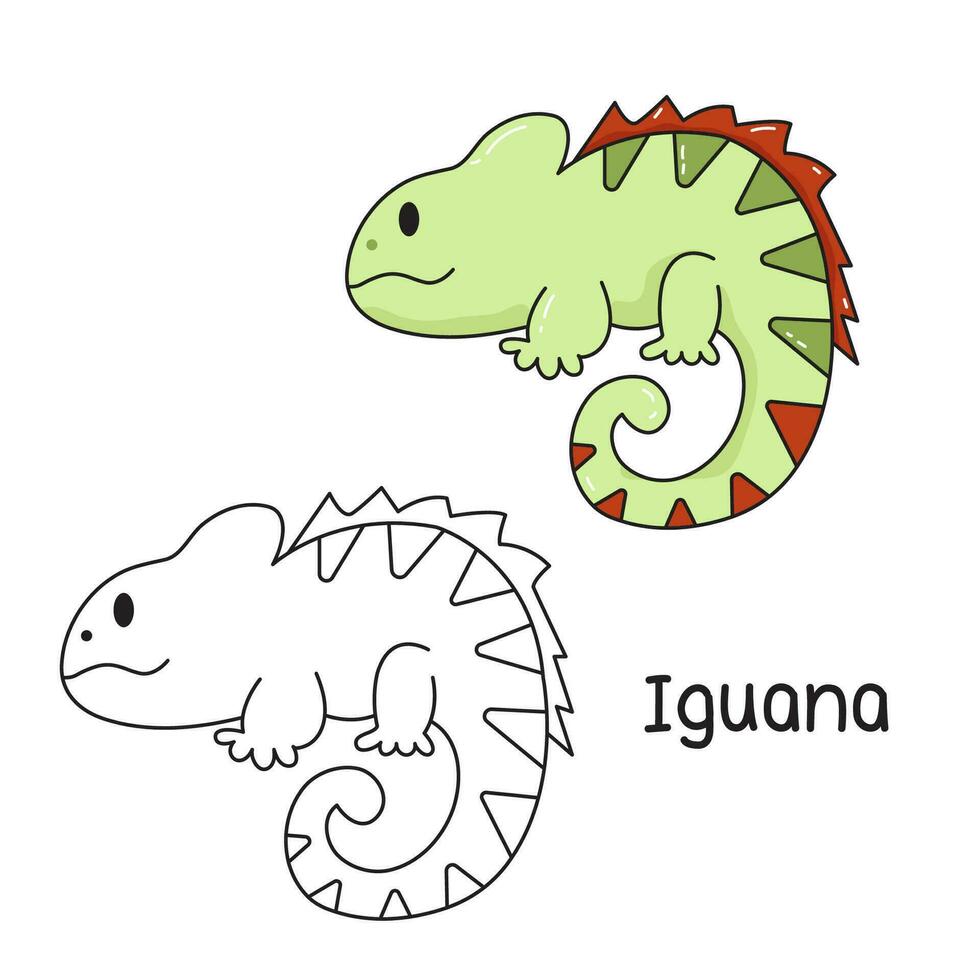 Vector illustration. Coloring book , Coloring iguana. Cartoon animal. Clipart set for nursery poster, Practice skills