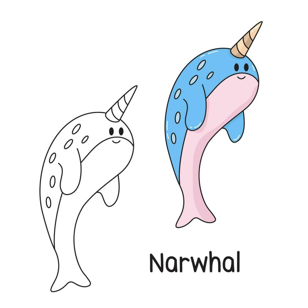 Vector illustration. Coloring book , Coloring Narwhal. Cartoon animal. Clipart set for nursery poster, Practice skills