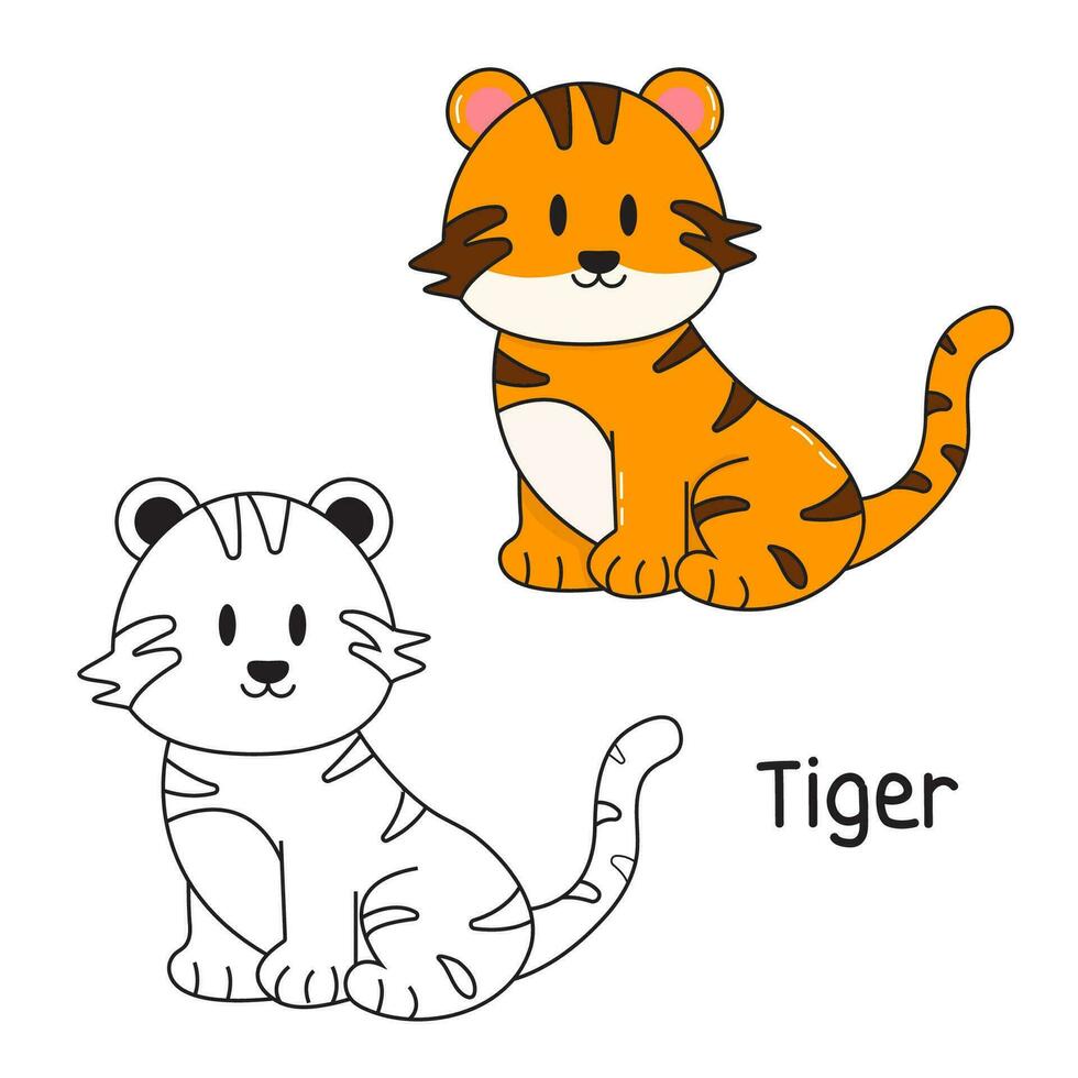 Vector illustration. Coloring book , Coloring tiger. Cartoon animal. Clipart set for nursery poster, Practice skills