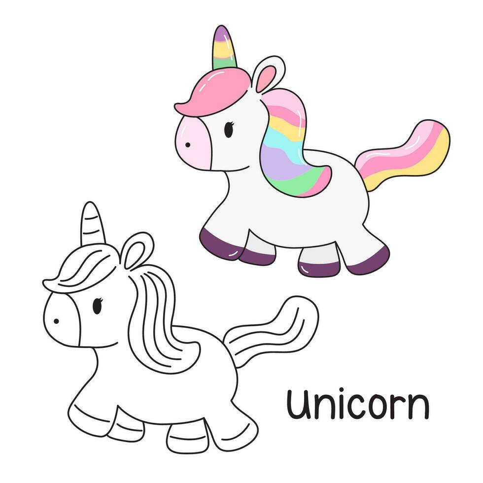 Vector illustration. Coloring book , Coloring unicorn. Cartoon animal. Clipart set for nursery poster, Practice skills