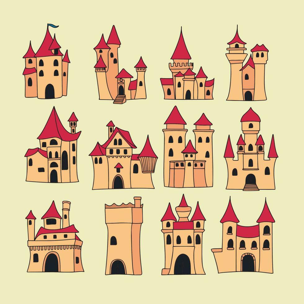 Collection of castles in colored outline style. Hand drawn doodle castle isolated on background. Vector illustration.