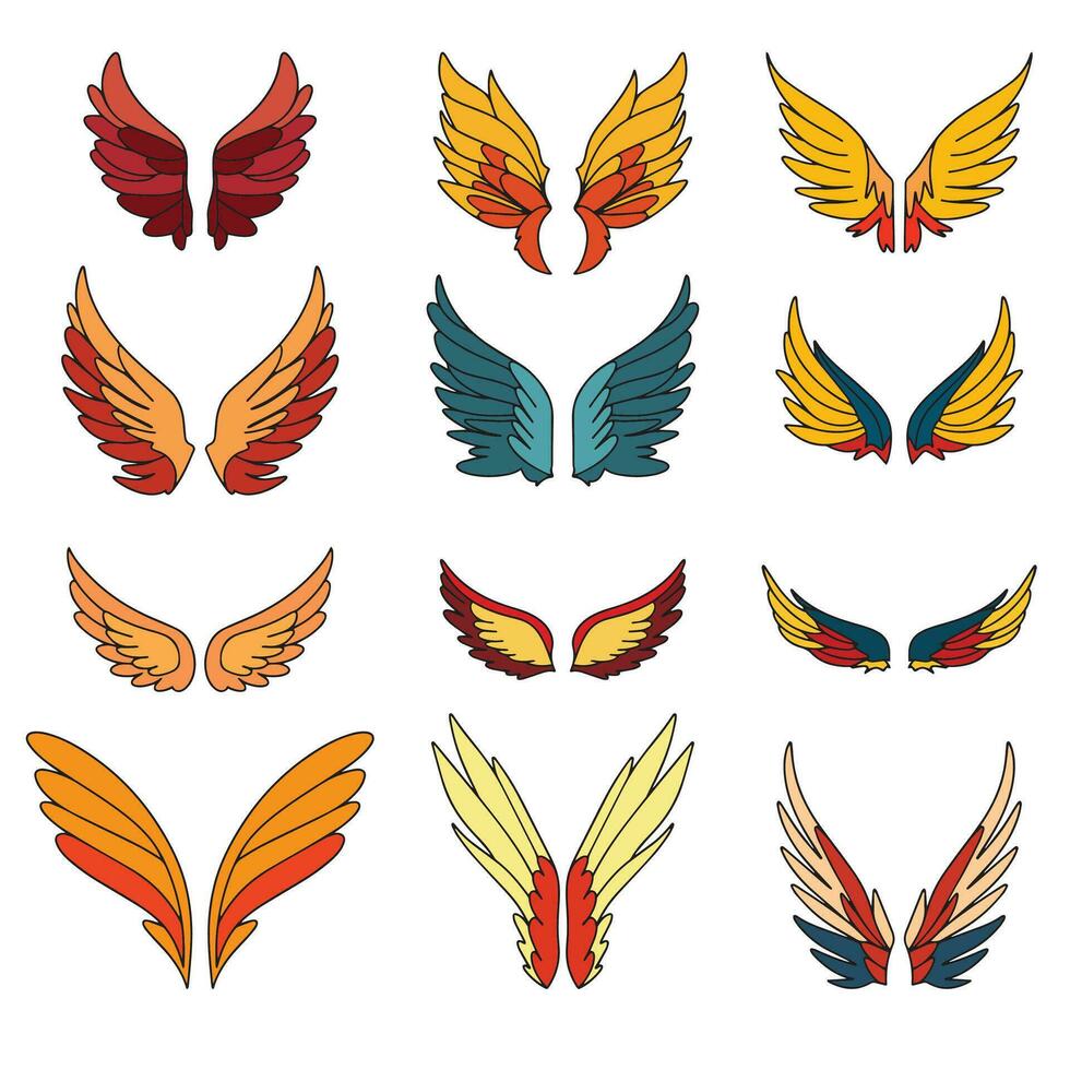 Collection of angel's wings colored outline. Hand drawn color angel wings in doodle style. Outline wings. Vector illustraiton.