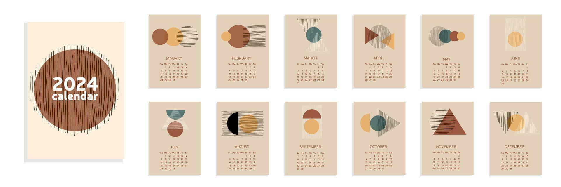 Abstract geometric calendar 2024. A4 calendar week starts from Sunday. 12 months templates. Calendar for 2024 year in English. Vector illustration.