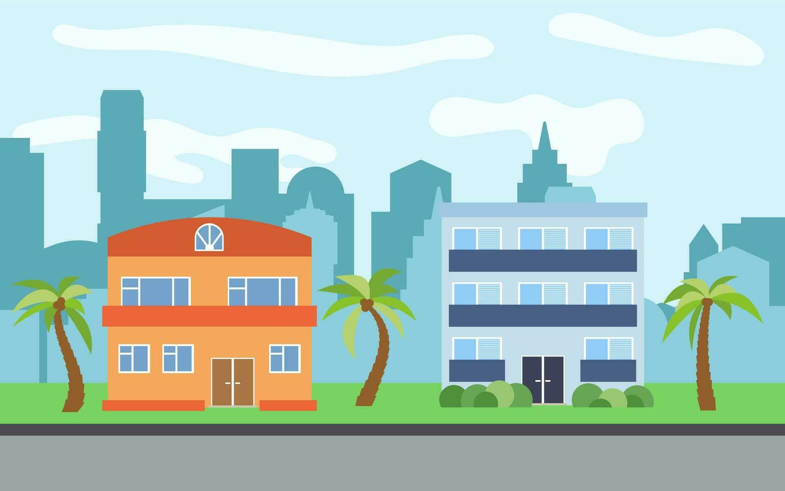 Vector city with two-story and three-story cartoon houses and palm trees in the sunny day. Summer urban landscape. Street view with cityscape on a background