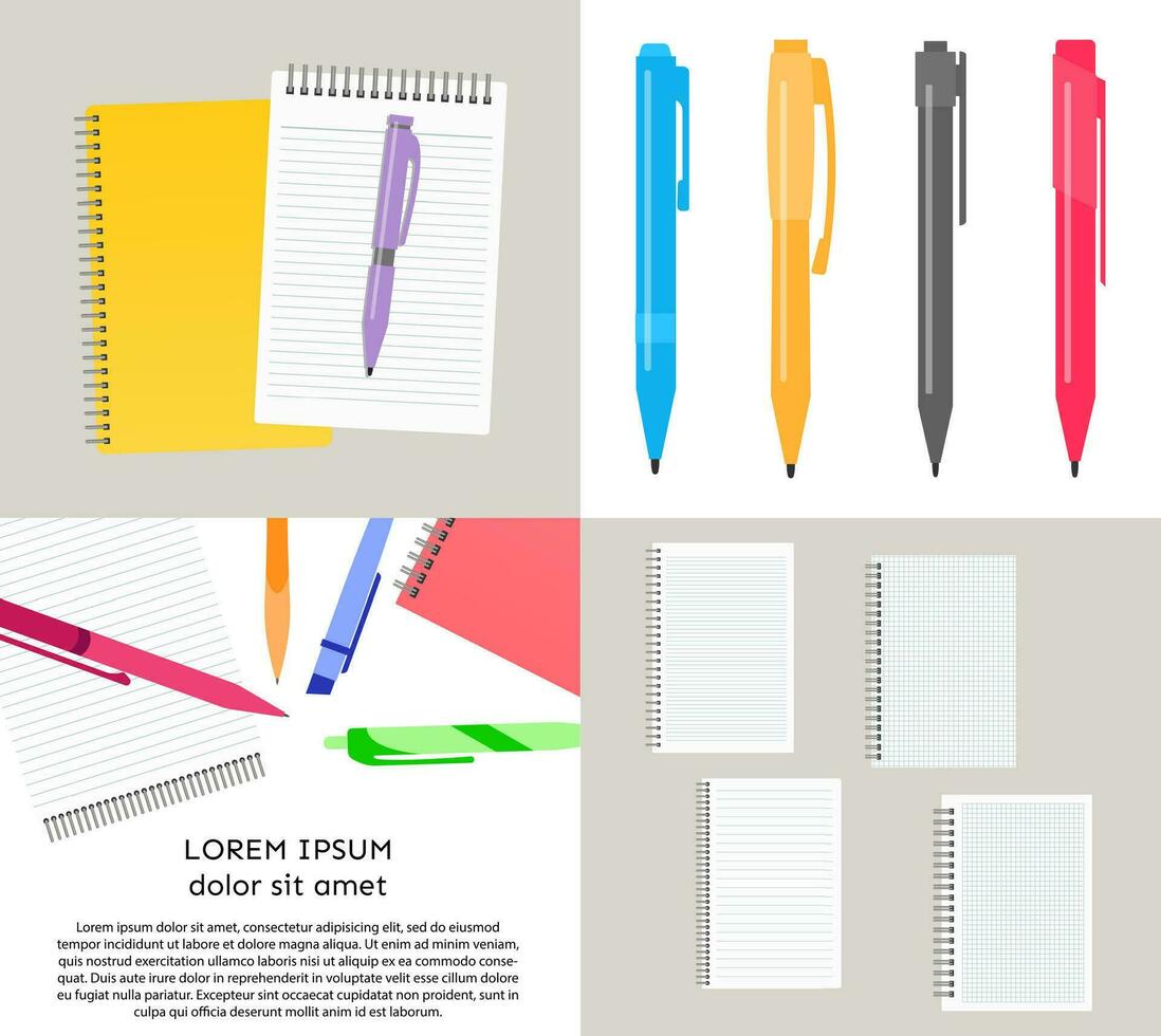 Set of four vector illustration with notebooks, pens and pencils.