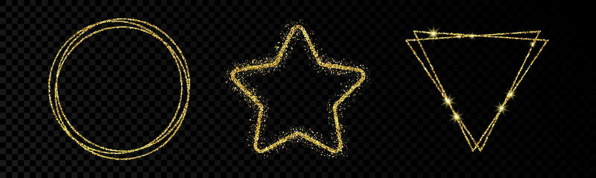 Shiny frames with glowing effects. Set of three glitter circular, star and triangle frames vector