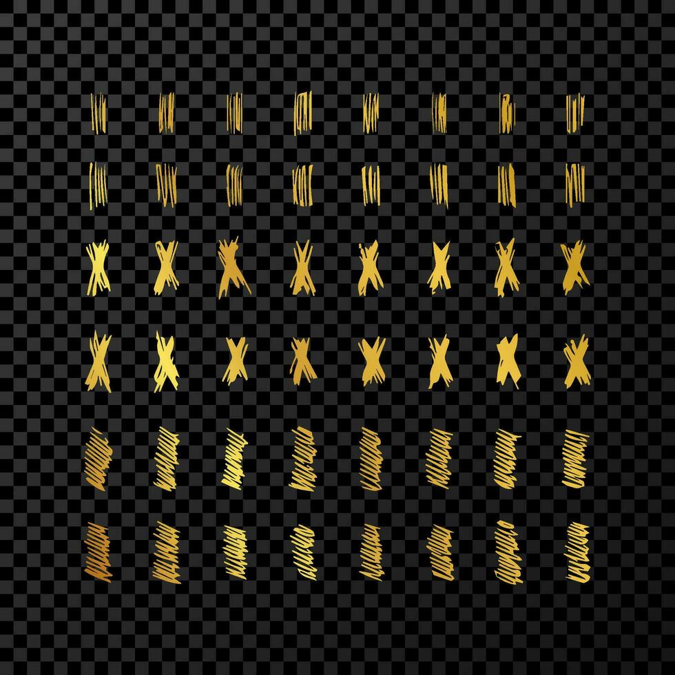Set of doodle style various marker borders and strokes. Gold hand drawn design elements on dark background. Vector illustration