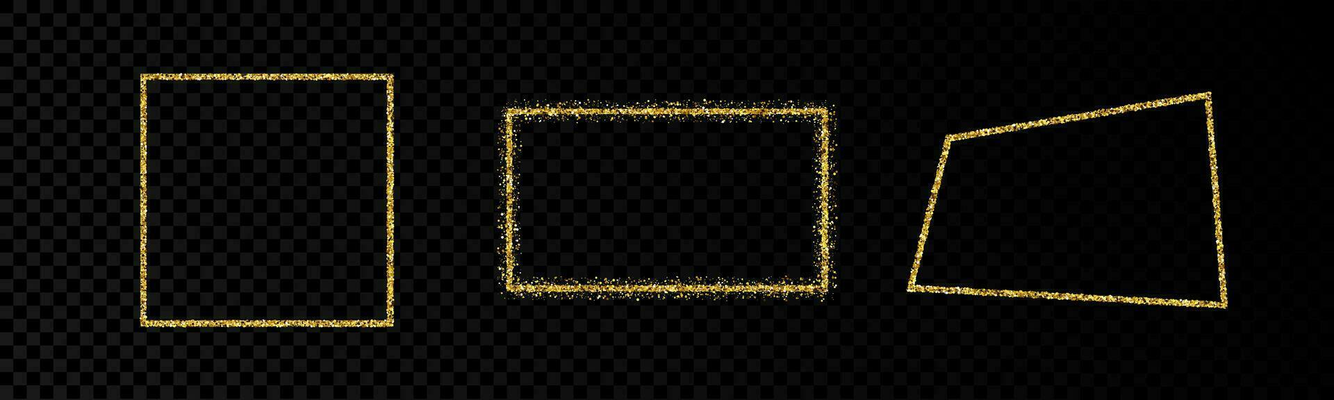 Shiny frames with glowing effects. Set of three glitter gold rectangle, square and trapezoid frames vector