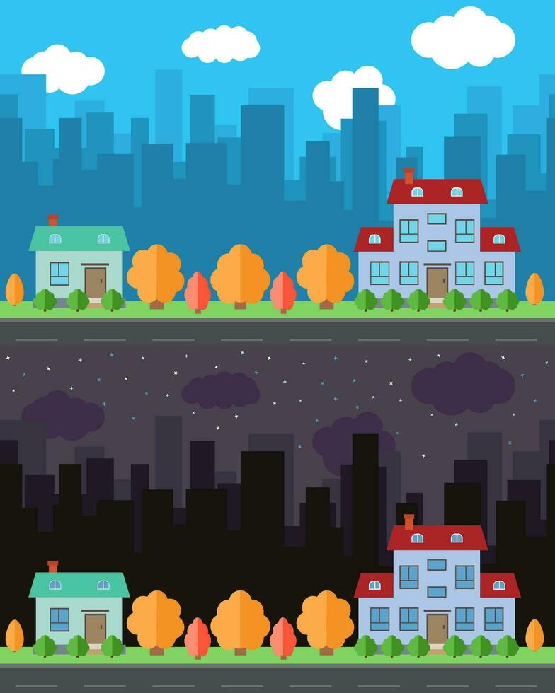 Vector city with two cartoon houses in the day and night. Summer urban landscape. Street view with cityscape on a background