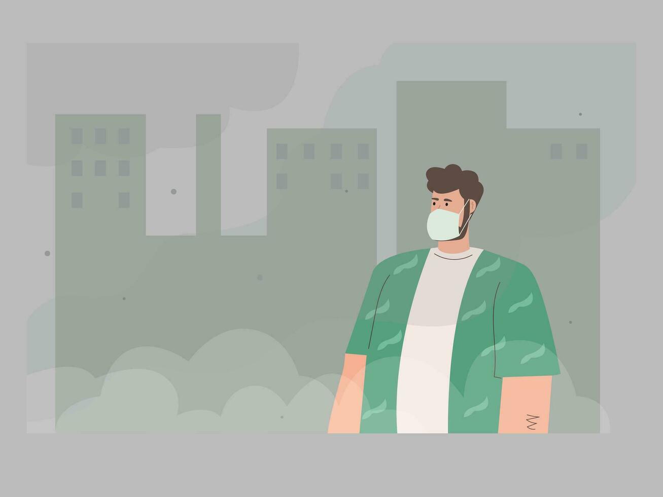 Environment toxic gas pollution and industry smog danger concept. Man in protective face masks vector