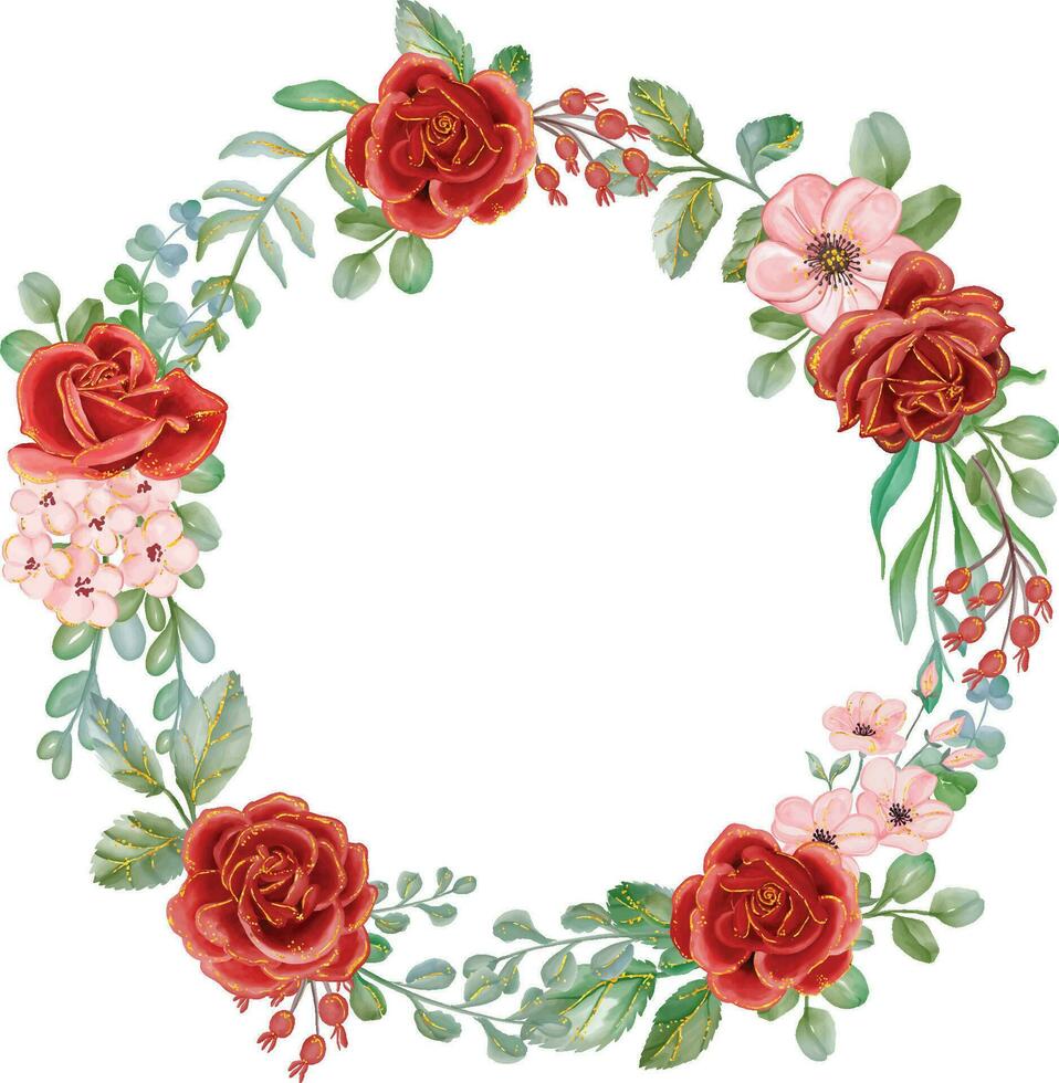 Red Rose with Gold Line Watercolor floralwreath. Luxurious floral backgrounds, textile or wallpaper design, prints and invitations, and postcards. vector