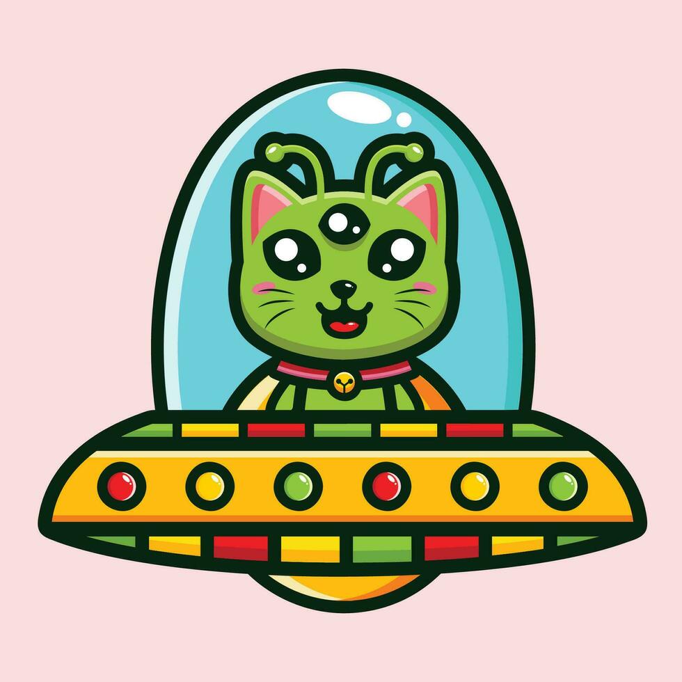 Cute cat alien riding ufo vector