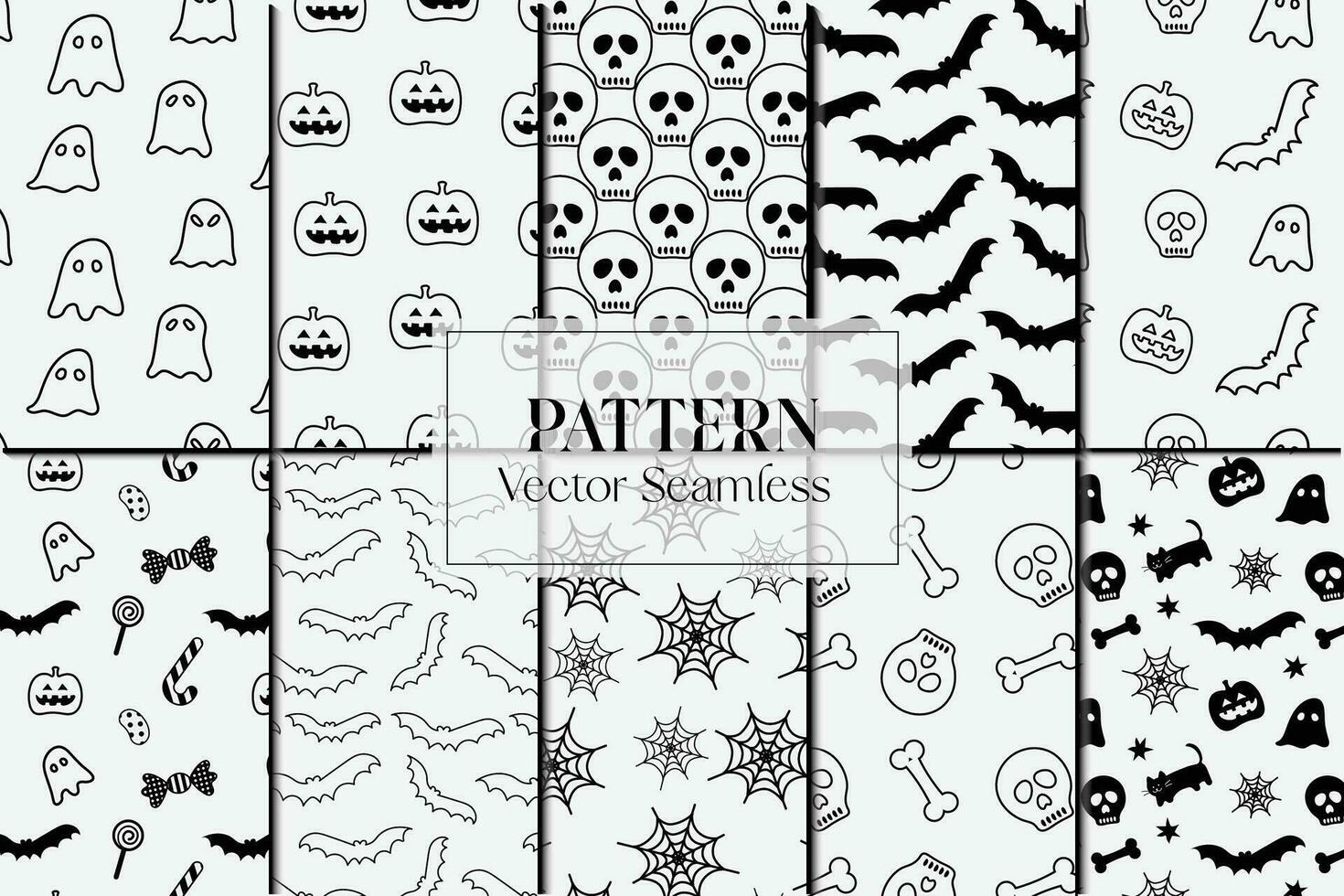 Halloween spooky doodle lines black shapes seamless repeat pattern set vector
