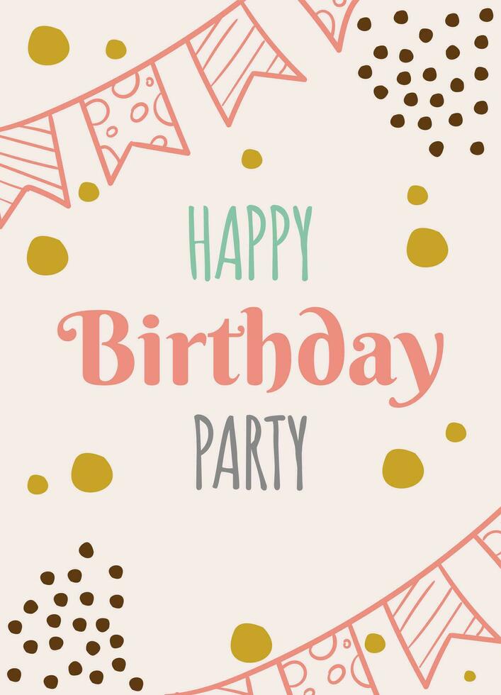 hand drawn happy birthday party card with flat abstract elements for celebration and greeting vector