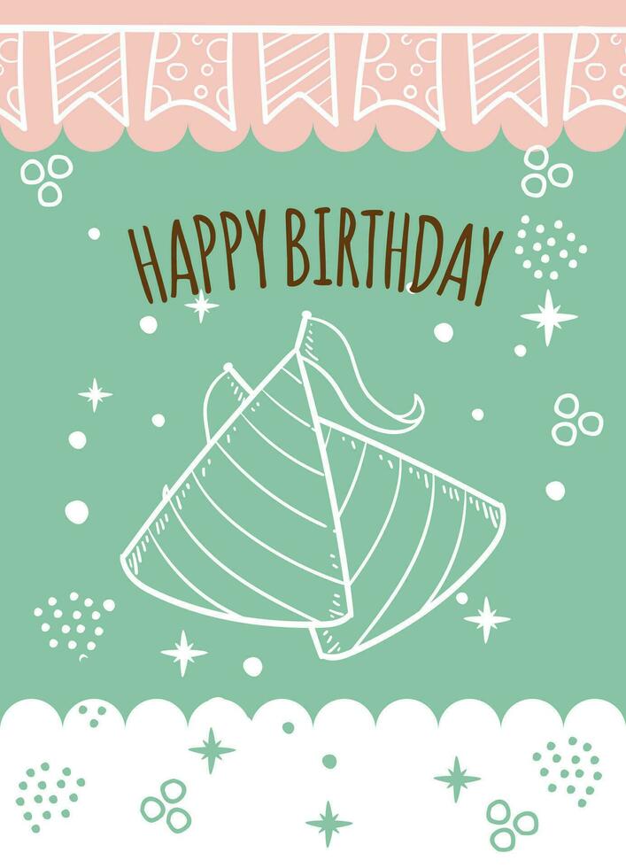 hand drawn happy birthday party card with flat abstract elements and stars for celebration and greeting vector