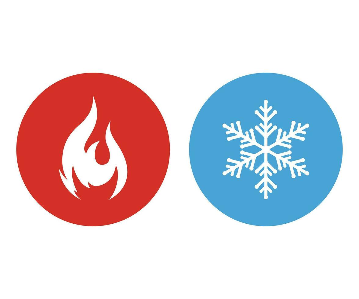 caliente y frío vector icono colocar. fuego y hielo signo. fuego y copo de nieve símbolos en redondo botones.