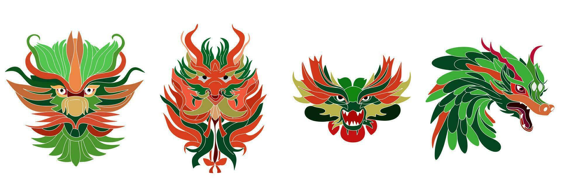 Set of green dragons. Hand drawn green dragon's head. Vector illustration.