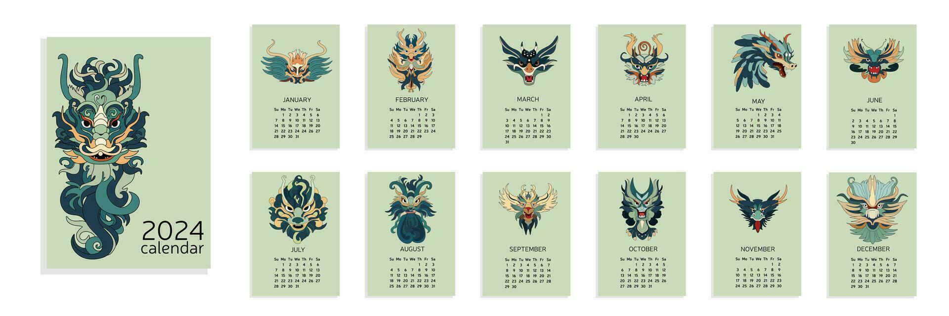 Calendar 2024 A4 with dragons head. Dragons calendar. Week start from Sunday. Vector illustration. Calendar with dragon heads.