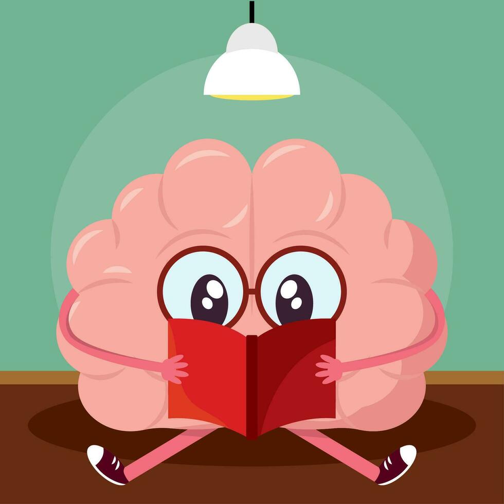 Isolated cute brain cartoon character reading a book Vector