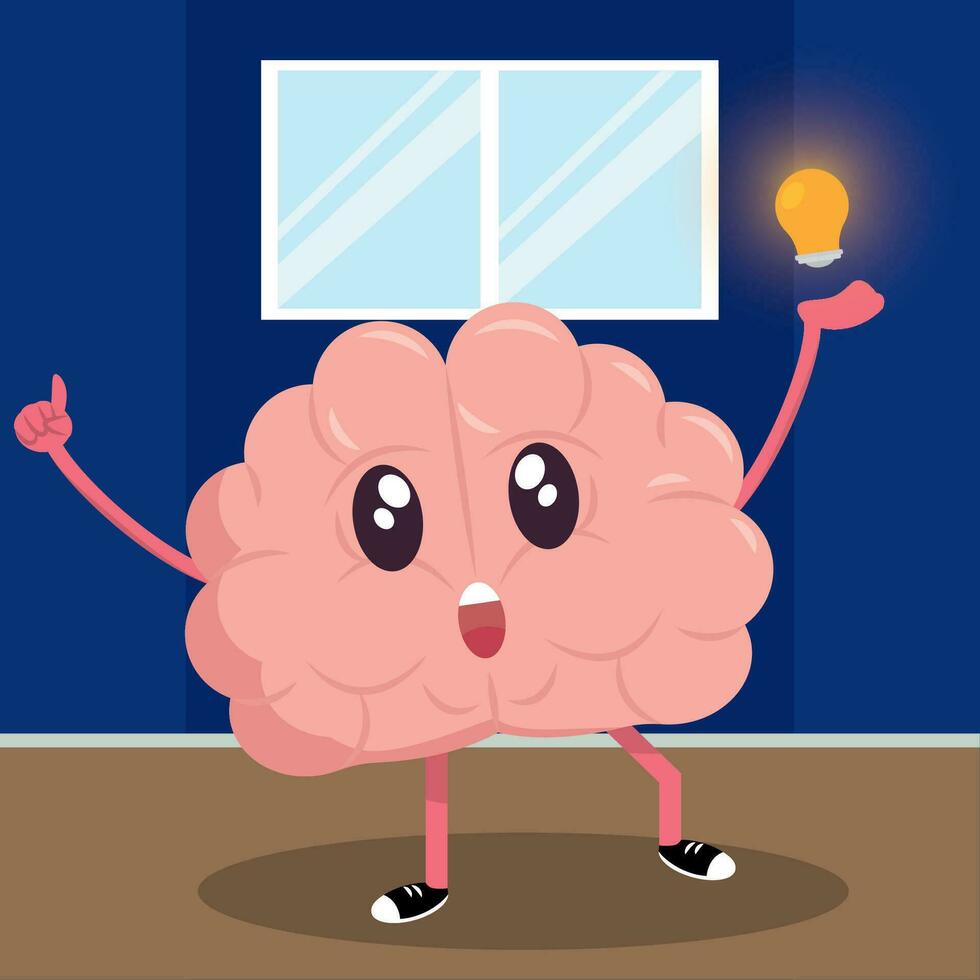 Isolated cute happy brain cartoon character with an idea Vector