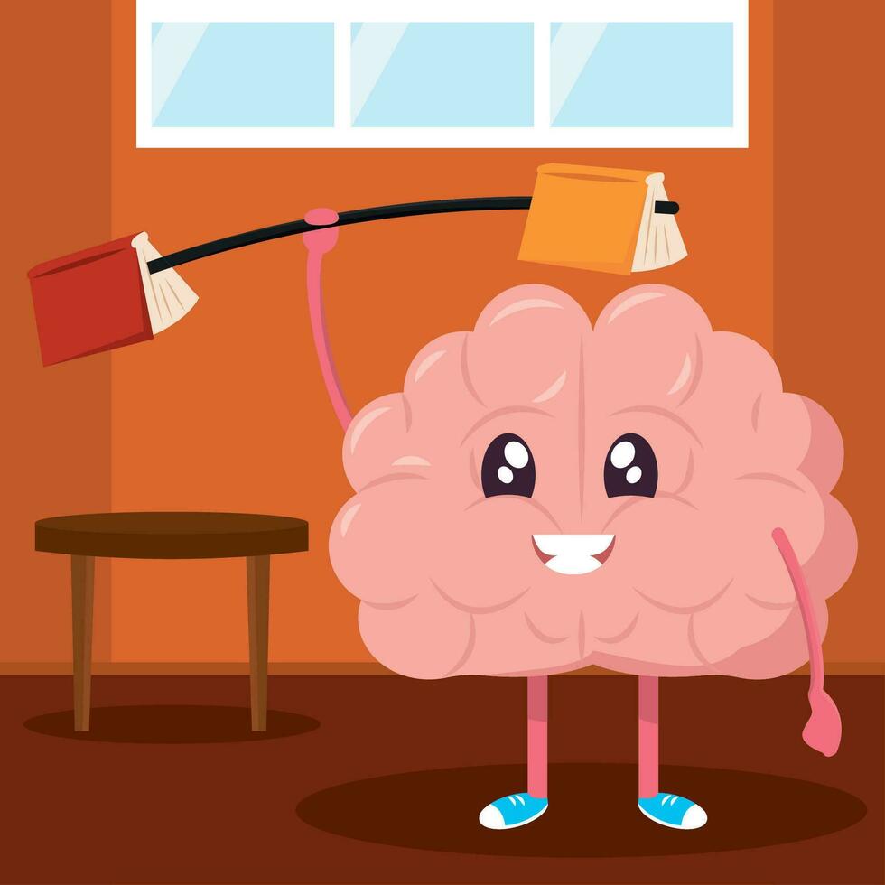 Isolated cute happy brain cartoon character doing exercises Vector