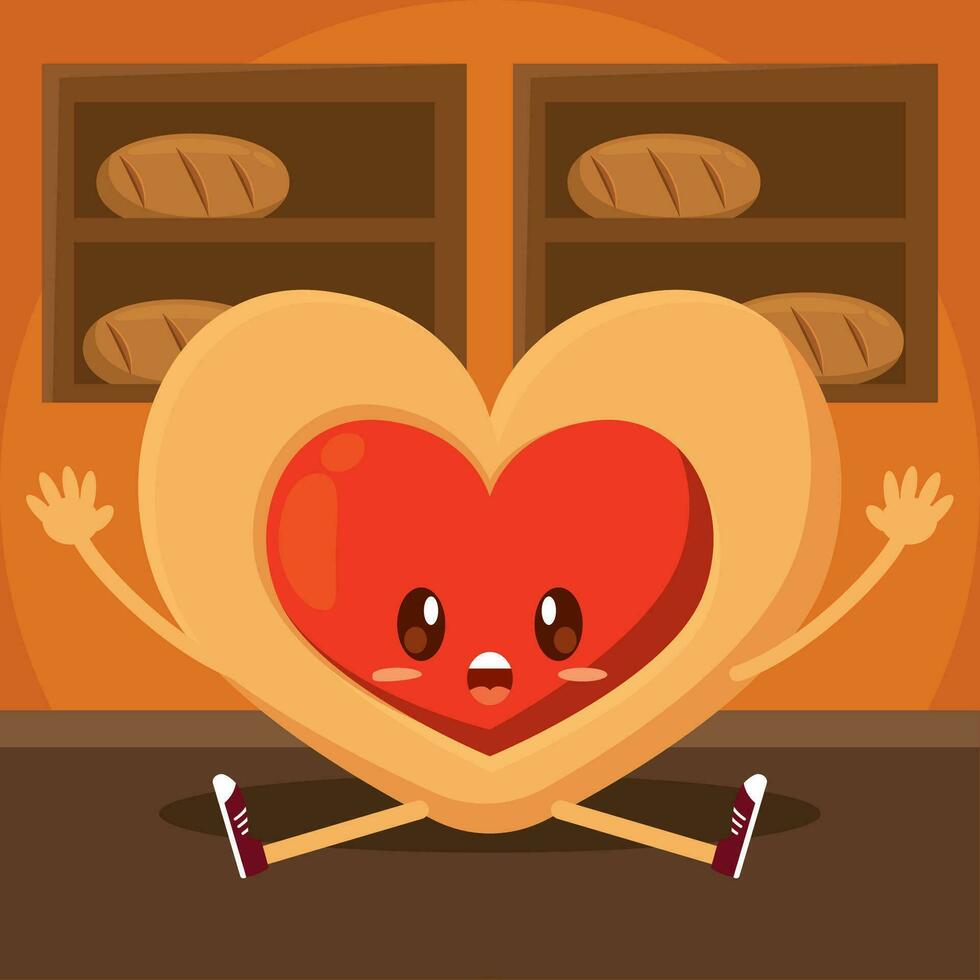 aislado corazón forma un pan panadería producto personaje vector