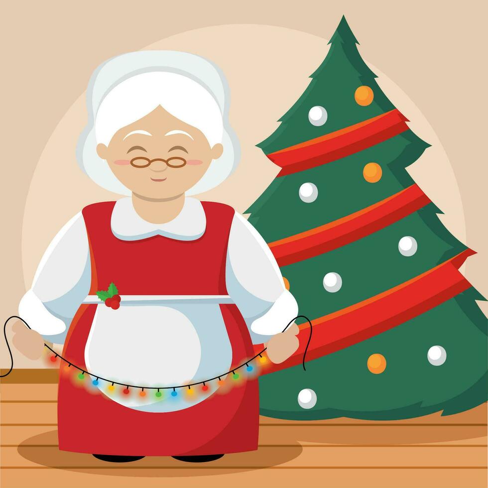 Isolated cute miss santa christmas character next to a christmas tree Vector