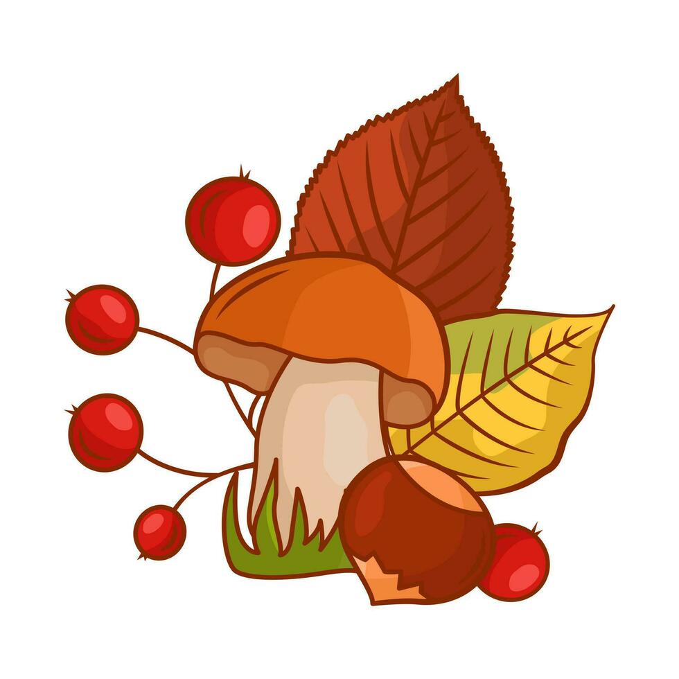 Autumn composition of leaves, mushrooms, chestnut and rowan berries. Vector cartoon illustration