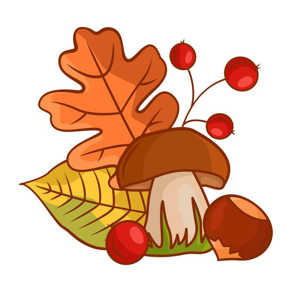 Autumn composition of leaves, mushrooms, chestnut and rowan berries. Vector cartoon illustration