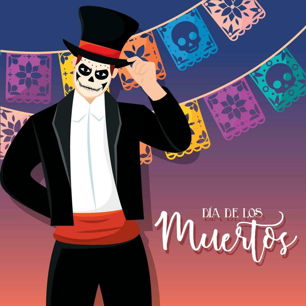 Dia de los muertos poster with handsome male character Vector