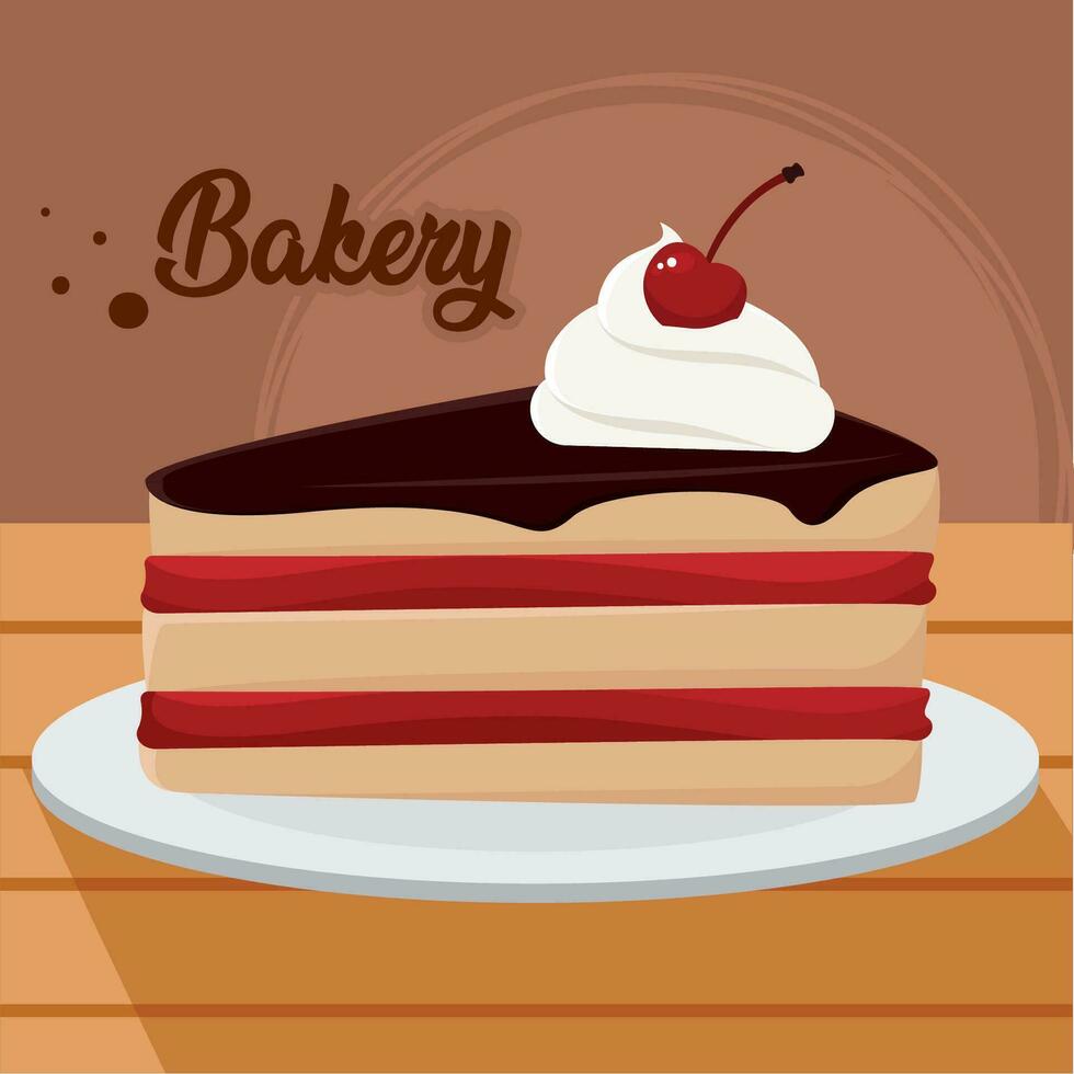 Isolated slice of cake with cherry on top bakery product on table Vector