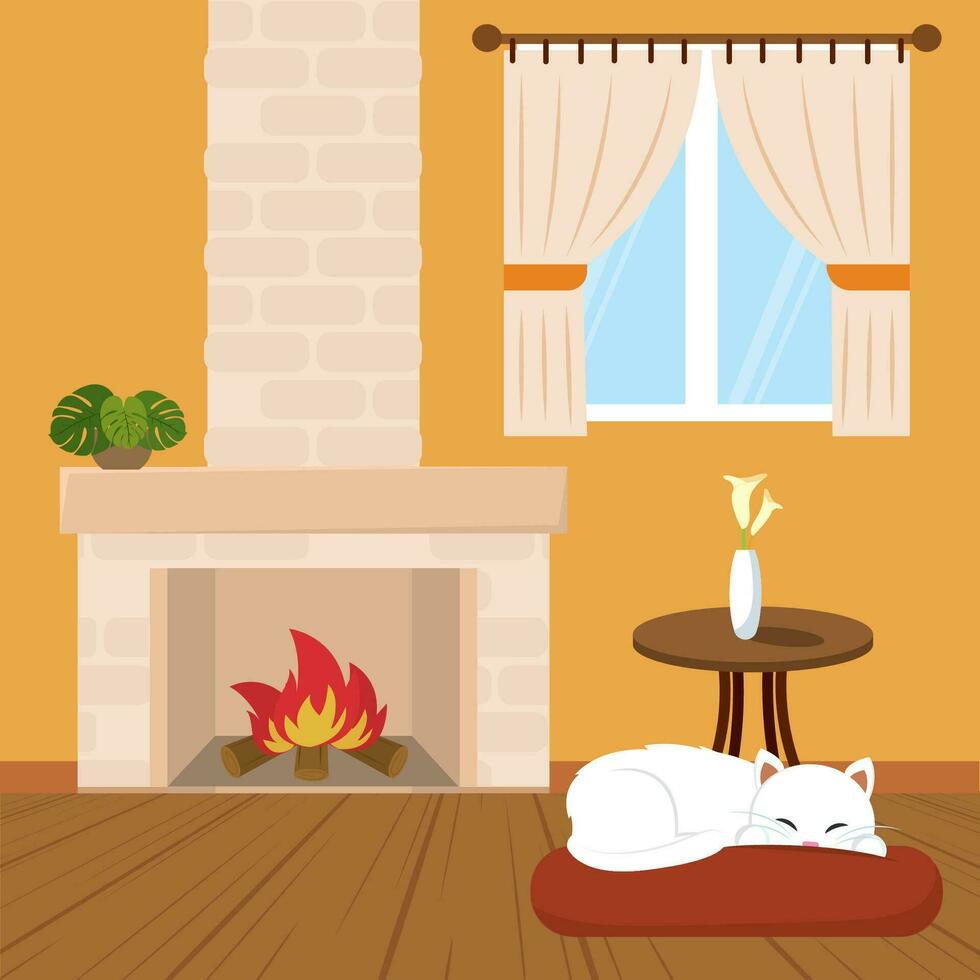 Cute pet resting on living room with fireplace Hygge lifestyle Vector