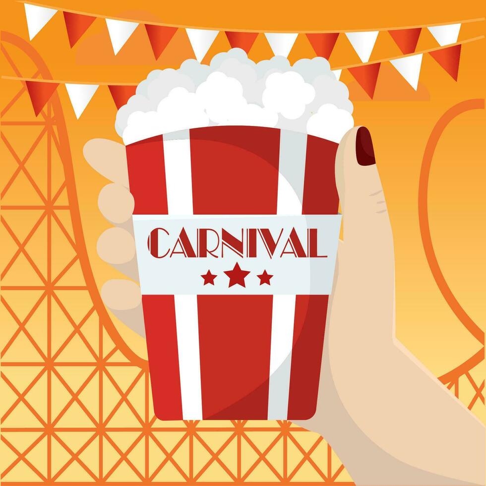 Hand holding popcorn bowl Amusement park Vector