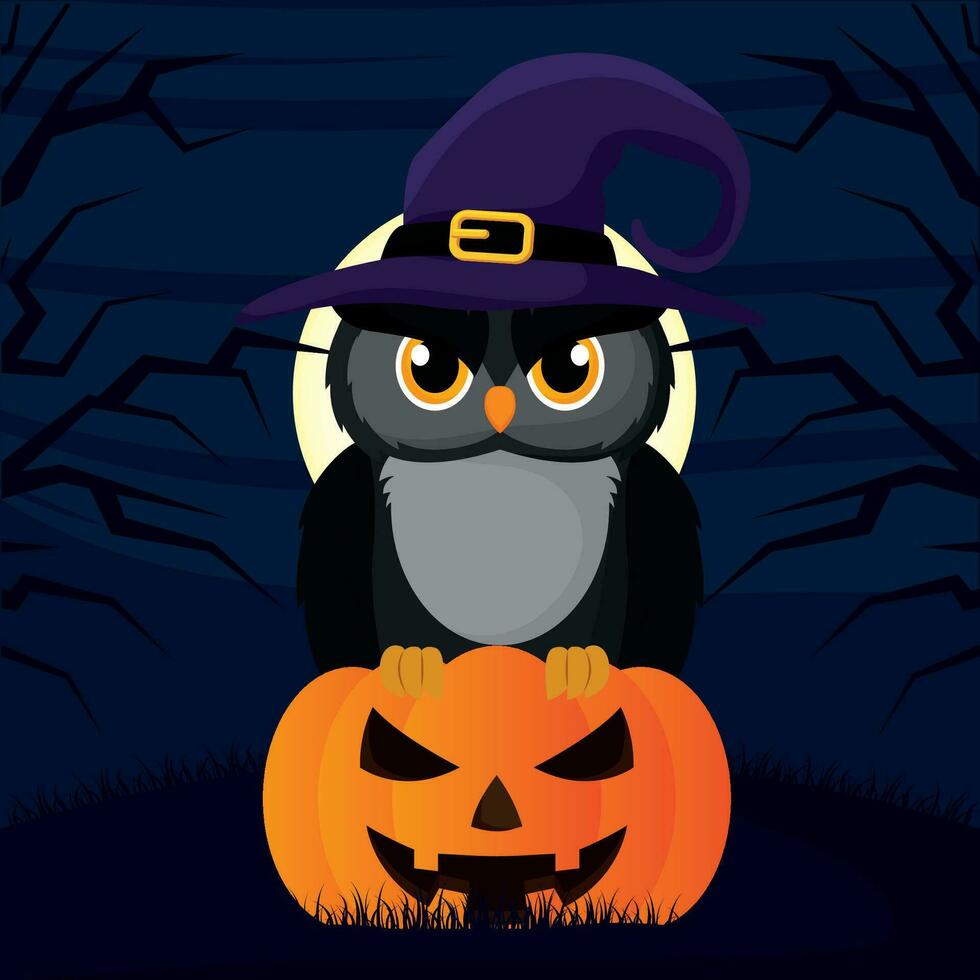 Owl with witch hat on a spooky pumpkin Halloween Vector