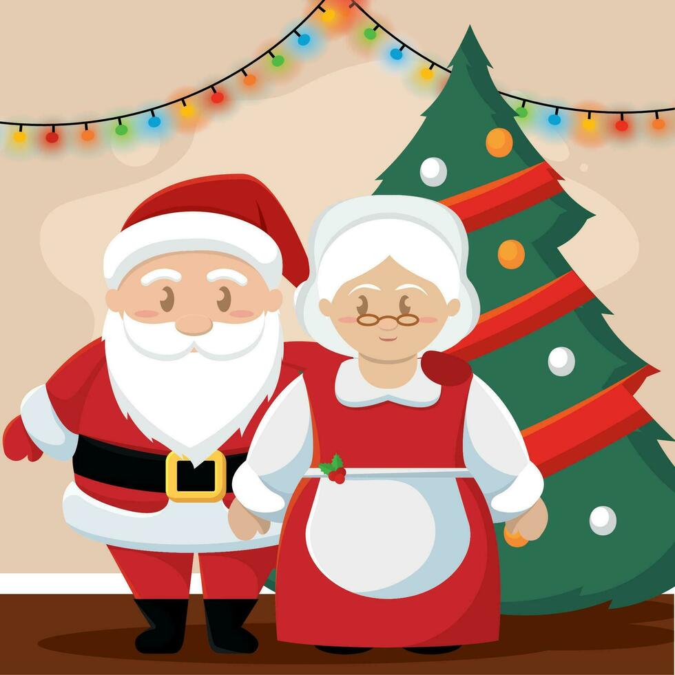 Cute santa and miss claus characters next to a christmas tree Vector
