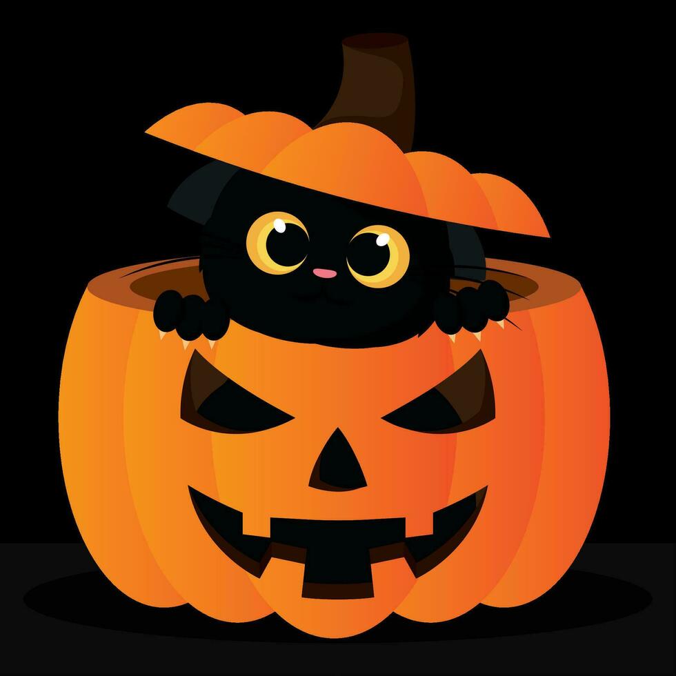 Cute black cat on a spooky pumpkin Halloween Vector