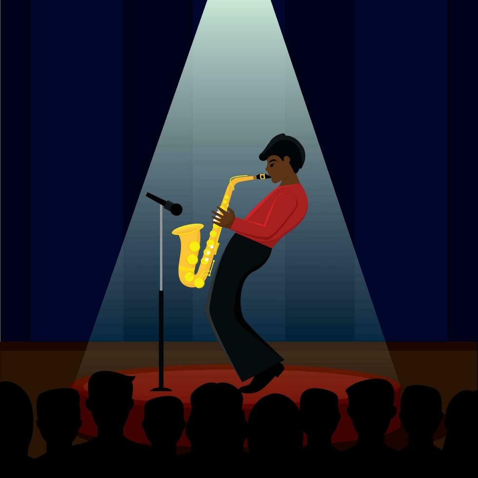 Boy character playing a saxophone Jazz music concert Vector