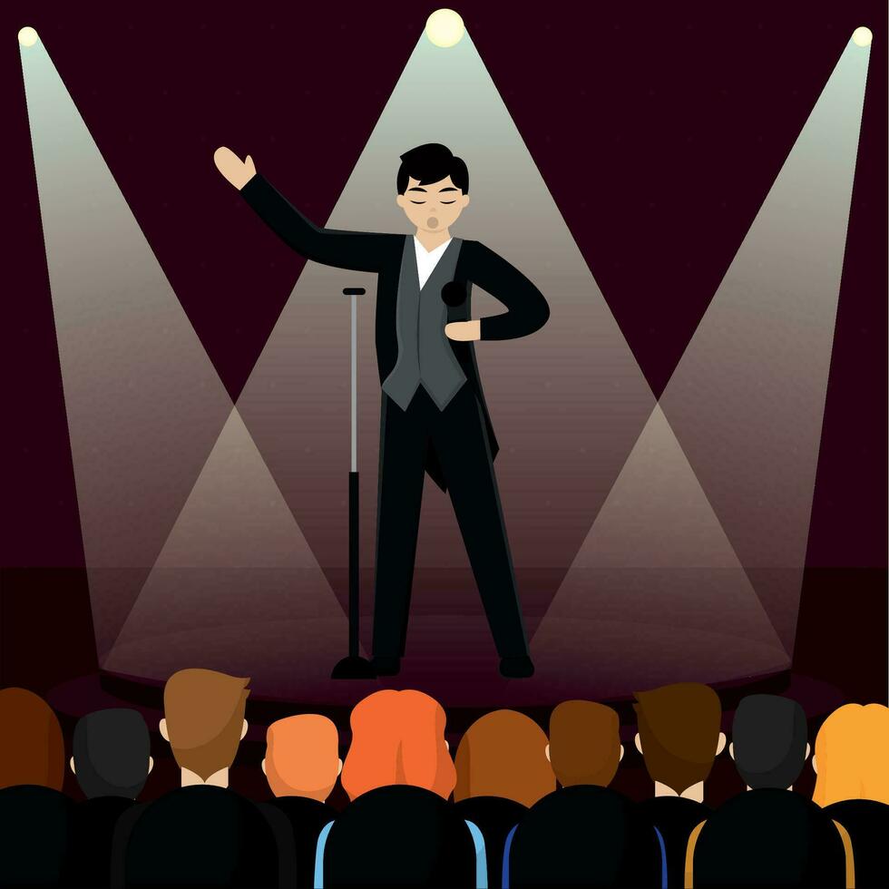 Boy on stage singing to crowd Music concert Vector