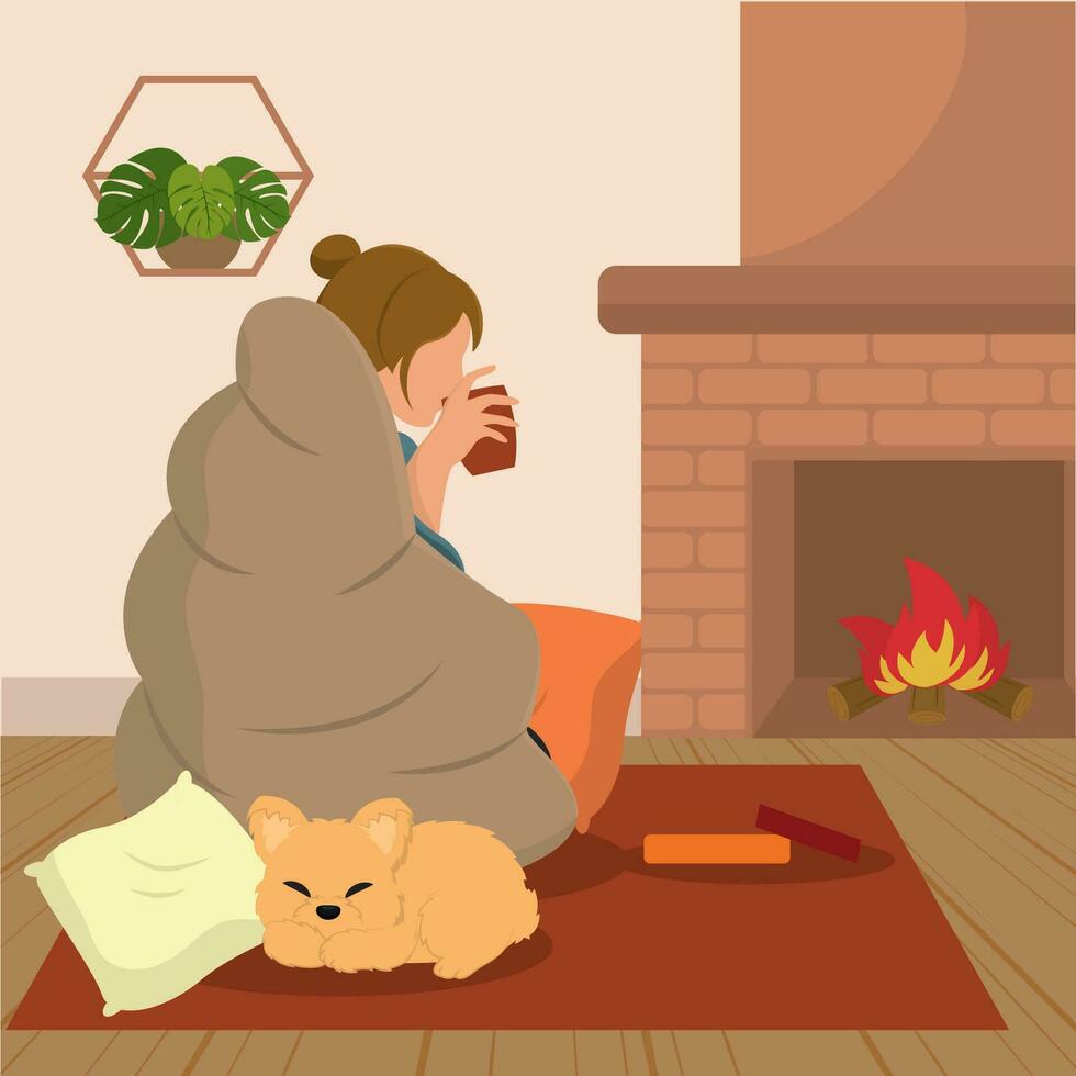 Cute girl drinking coffee with blanket on living room Hygge lifestyle Vector