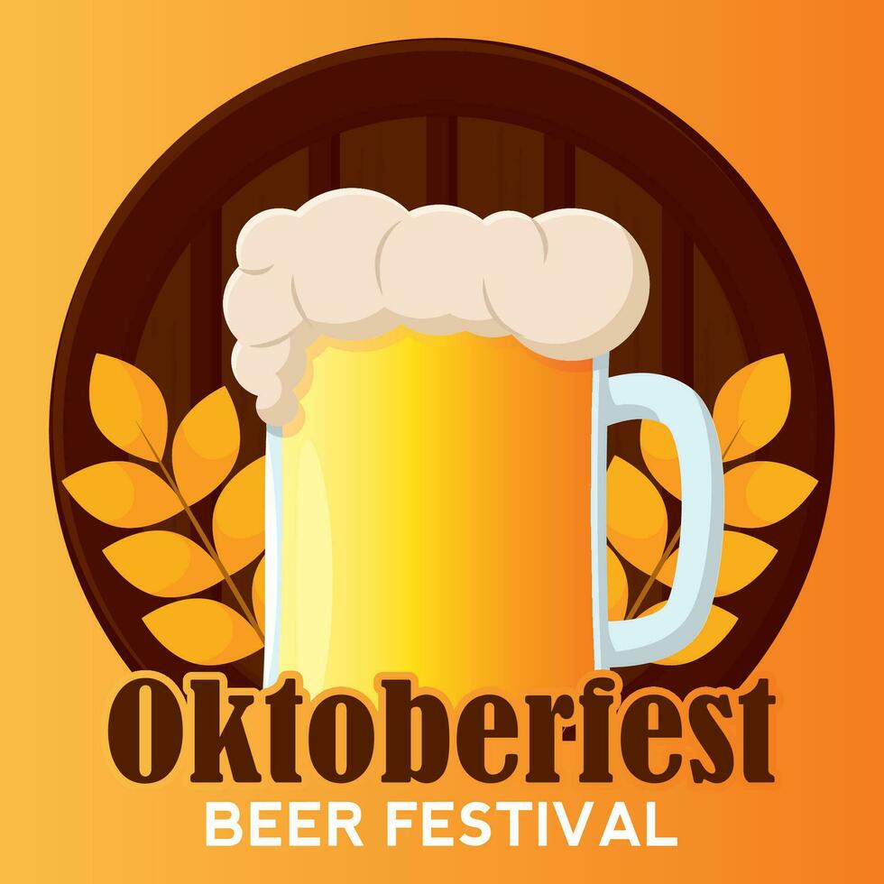 Beer mug with foam and beer barrel Oktoberfest beer festival Vector