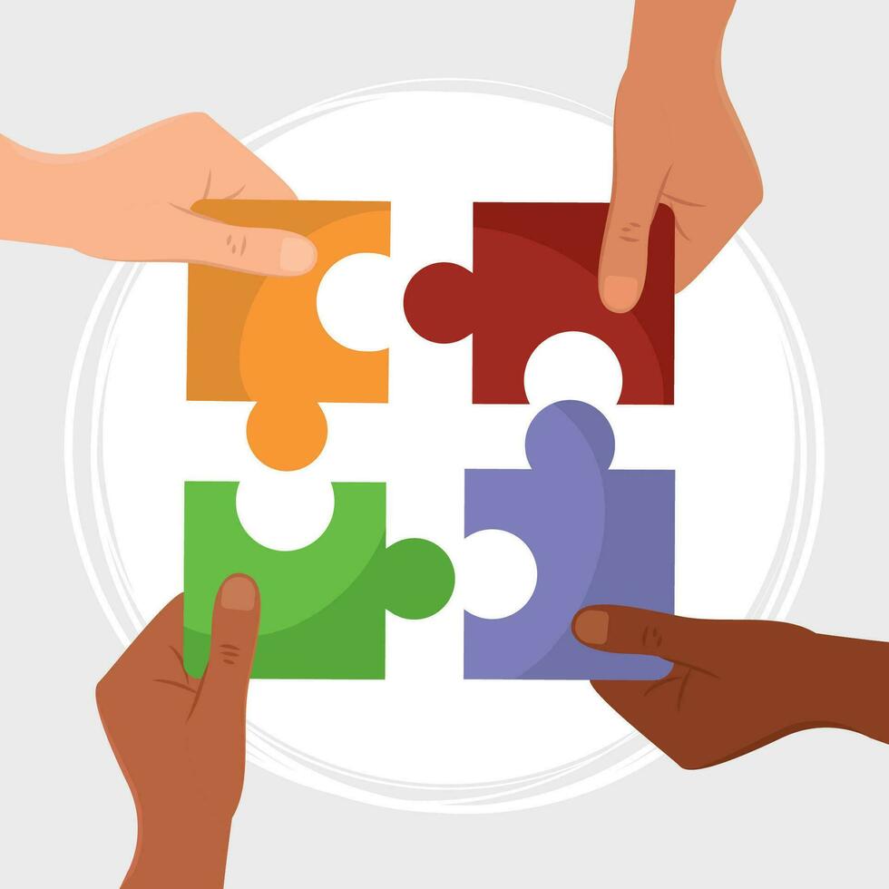Group of hands holding pieces of a puzzle Business teamwork concept Vector