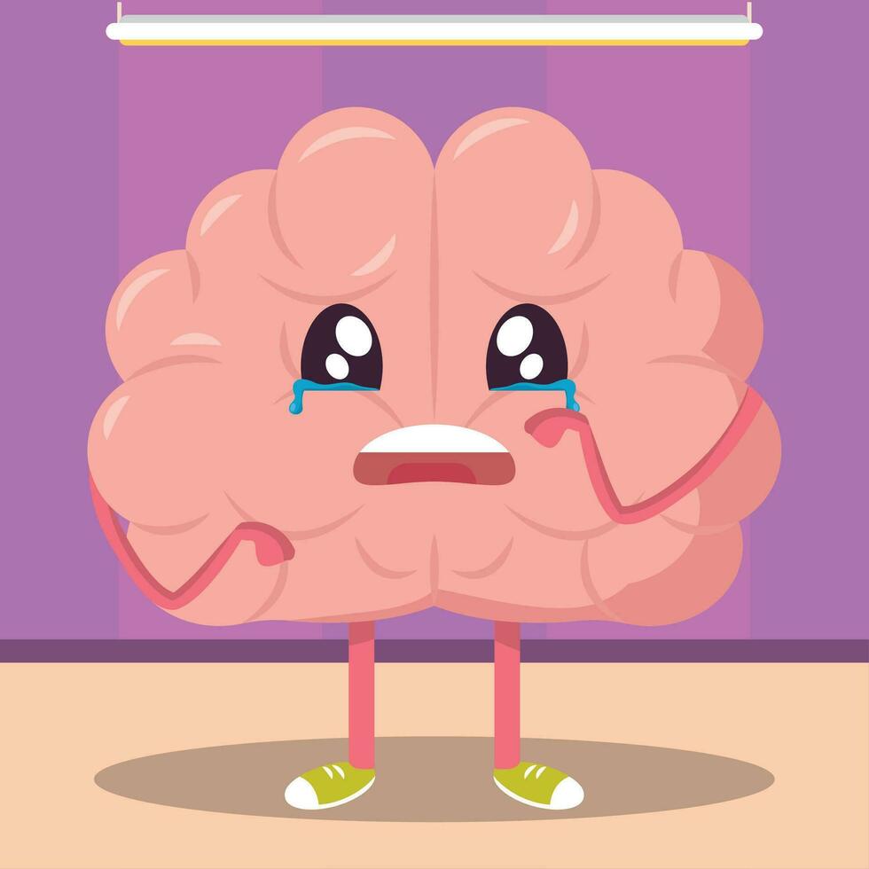 Isolated crying cute brain cartoon character Vector