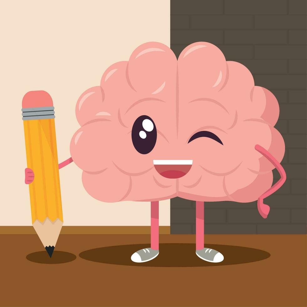 Isolated cute happy brain cartoon character holding a pencil Vector