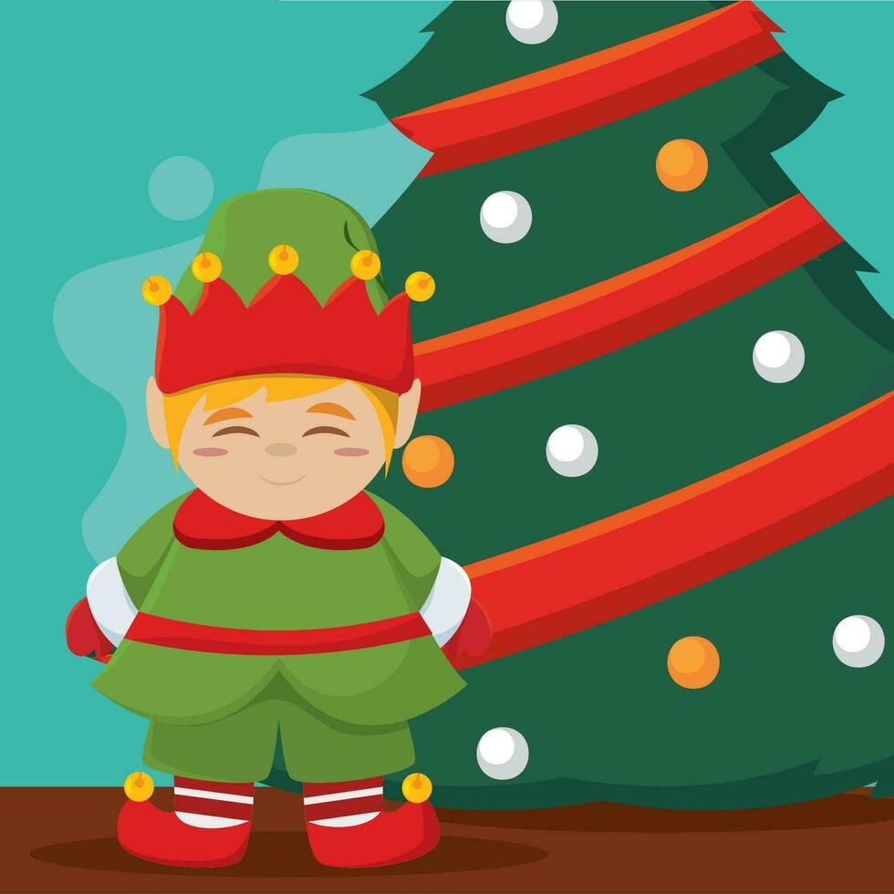 Isolated cute christmas elf character next to christmas tree Vector
