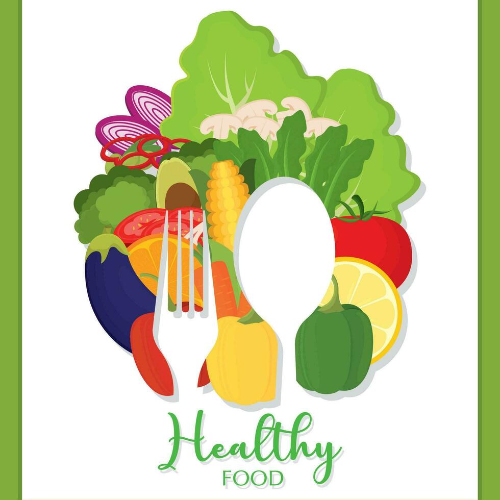 Silhouette of spoon and fork on a group of vegetables Healthy food Vector