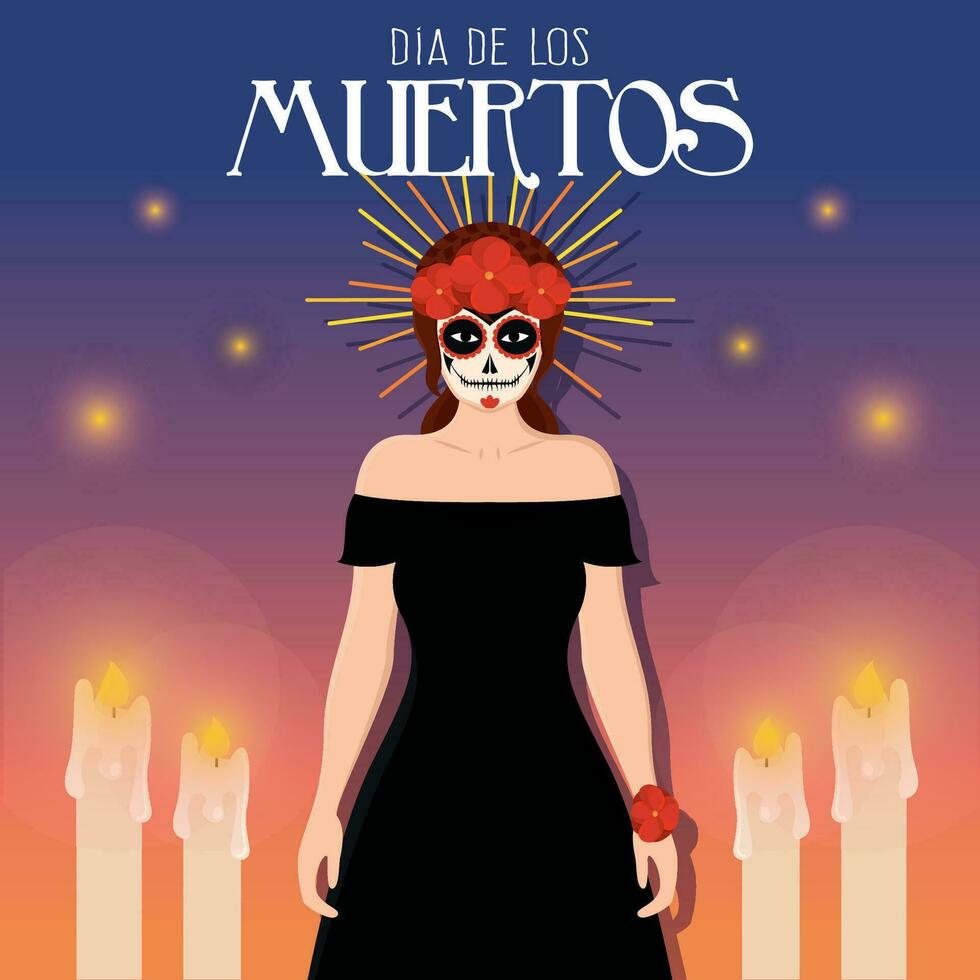 Dia de los muertos poster with cute female character Vector