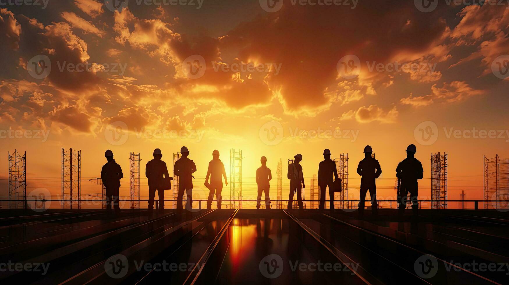 Silhouette of construction worker team standing orders for worker team to work safety on high at construction site. Generative Ai photo