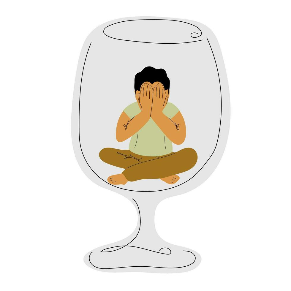 Male Alcohol addiction. Depressed man suffering from alcoholism. Unhappy man sitting in wine glass vector